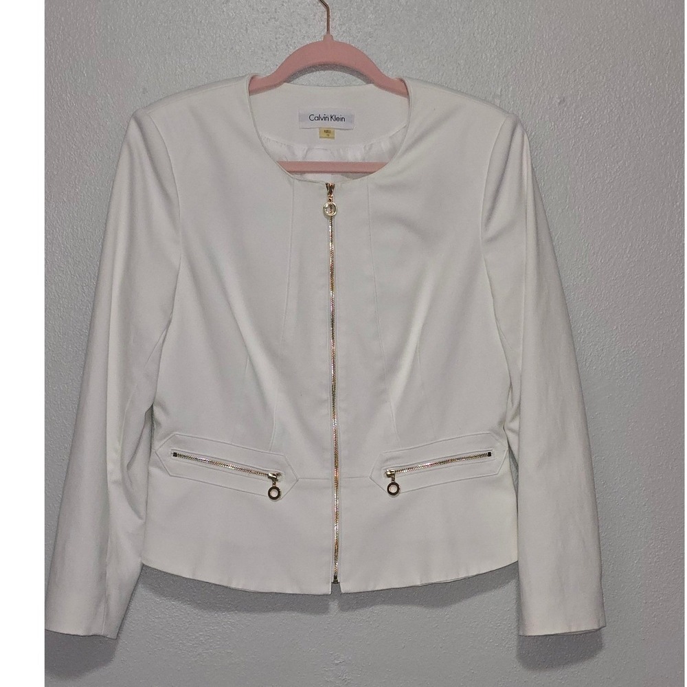 Calvin Klein Womens Vintage White Collarless Zip Front Peplum Blazer Jacket 10